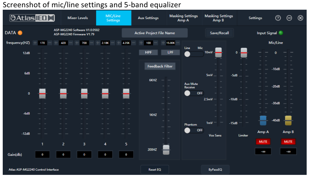 ASP-MG2240 mic/line setting and 5-band equalizer view